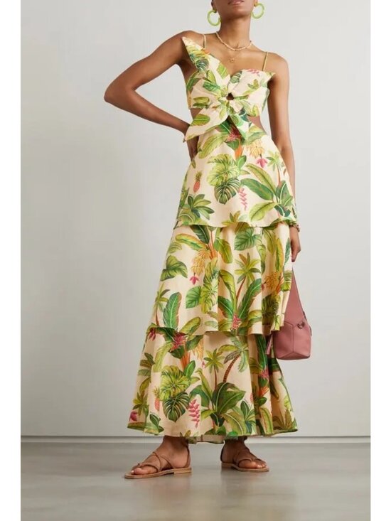 FARM Rio Dresses & Skirts - NWT FARM Rio Fruit Forest Linen Blend Maxi Dress XL Tropical Cutout Ruffle Sand
